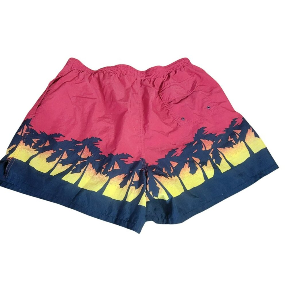 Cheetah Swim Trunks, Men XL, Red, Yellow and Black Palm Tree Sunset Print, EUC